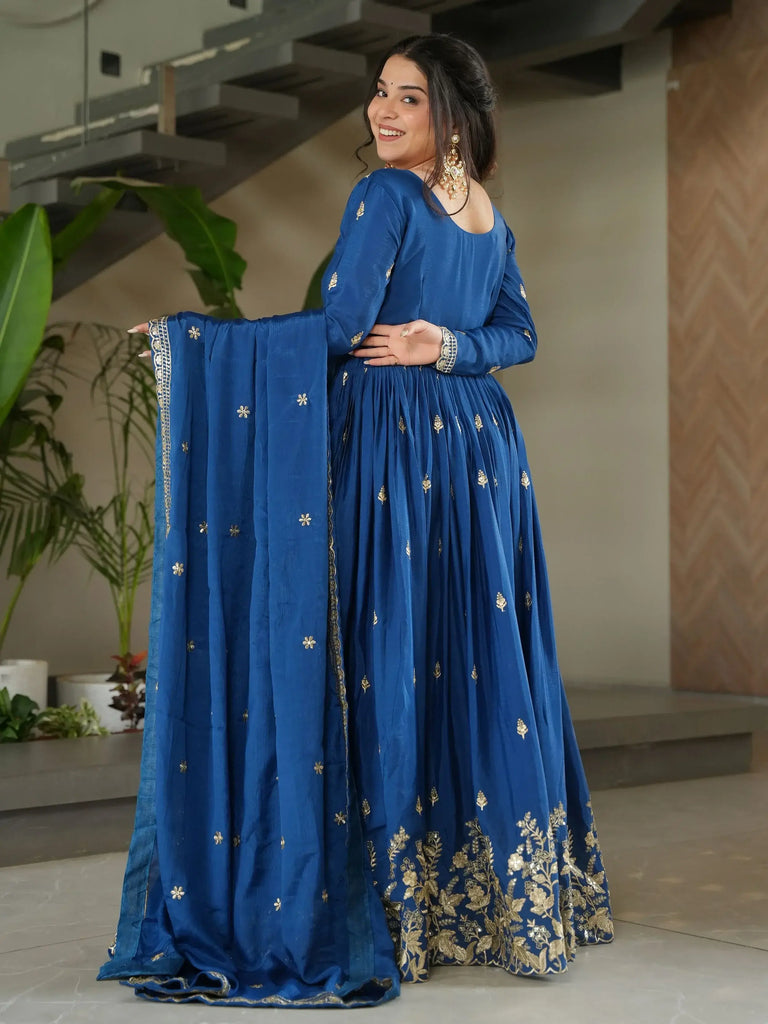 Awesome Blue Chinon Floral Embroidery Festival Wear Gown With Dupatta
