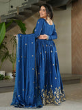Awesome Blue Chinon Floral Embroidery Festival Wear Gown With Dupatta