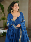 Awesome Blue Chinon Floral Embroidery Festival Wear Gown With Dupatta