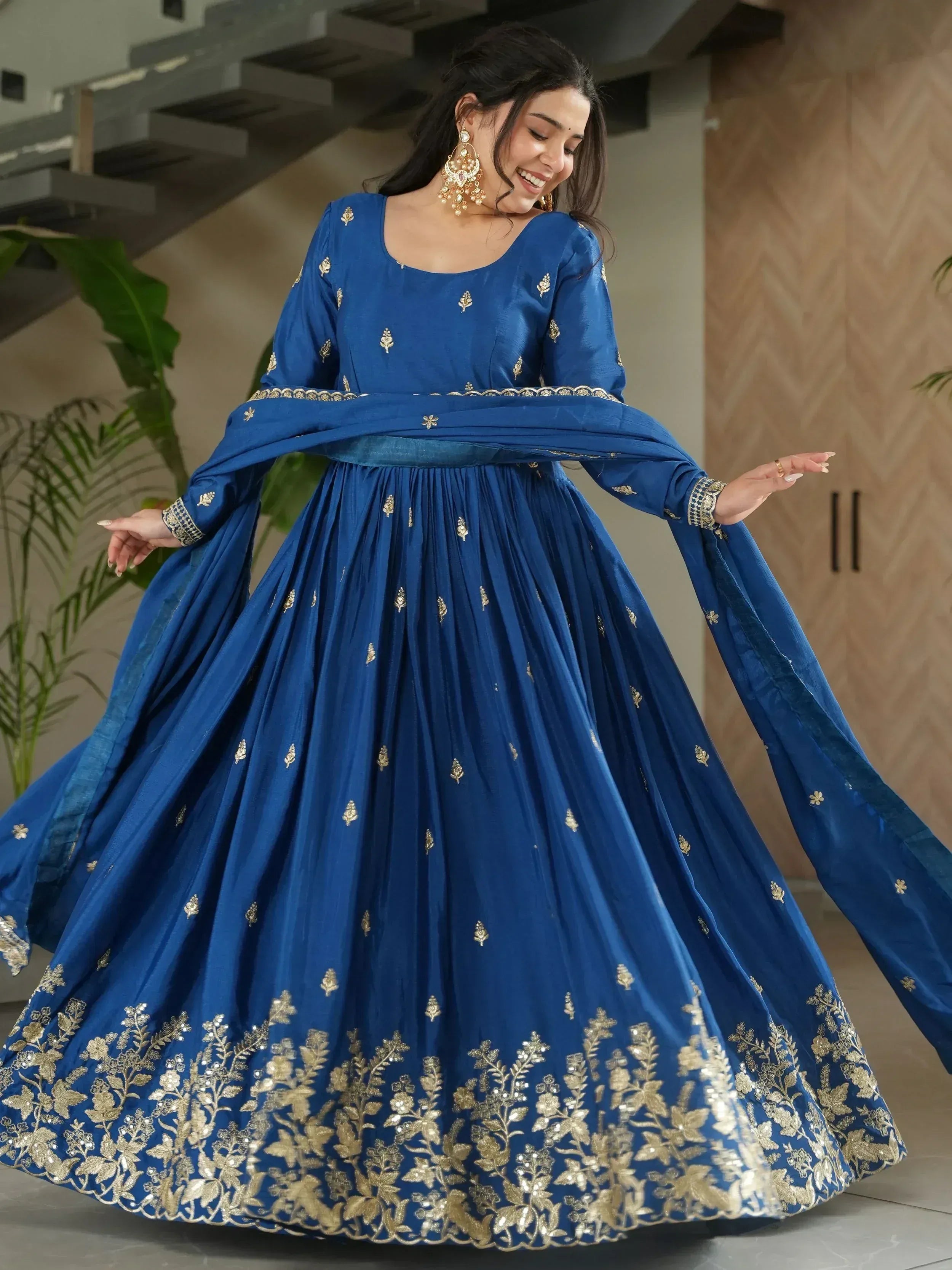 Royal blue ethnic anarkali with gold embroidery, perfect for Indian weddings and festive occasions