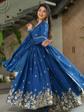 Awesome Blue Chinon Floral Embroidery Festival Wear Gown With Dupatta