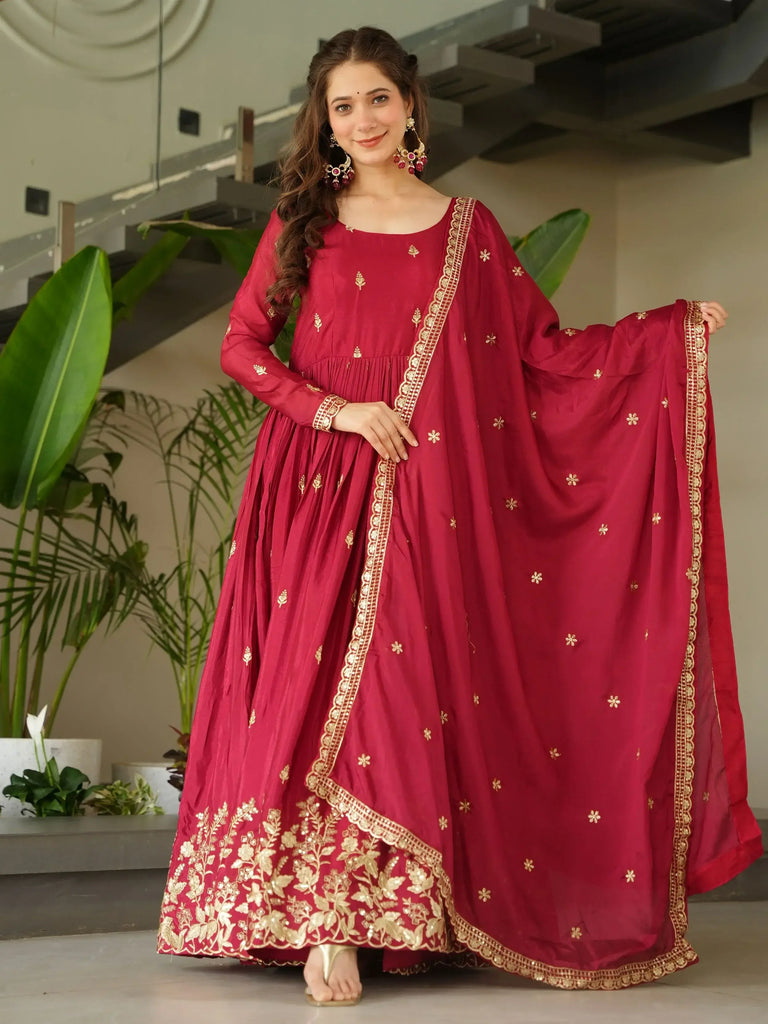 Fabulous Red Chinon Sequins Work Function Wear Gown With Dupatta