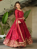 Fabulous Red Chinon Sequins Work Function Wear Gown With Dupatta