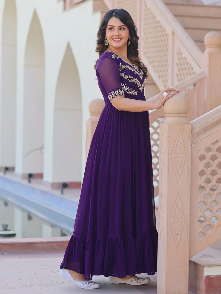 Pretty Purple Georgette Beads Work Festival Wear Gown