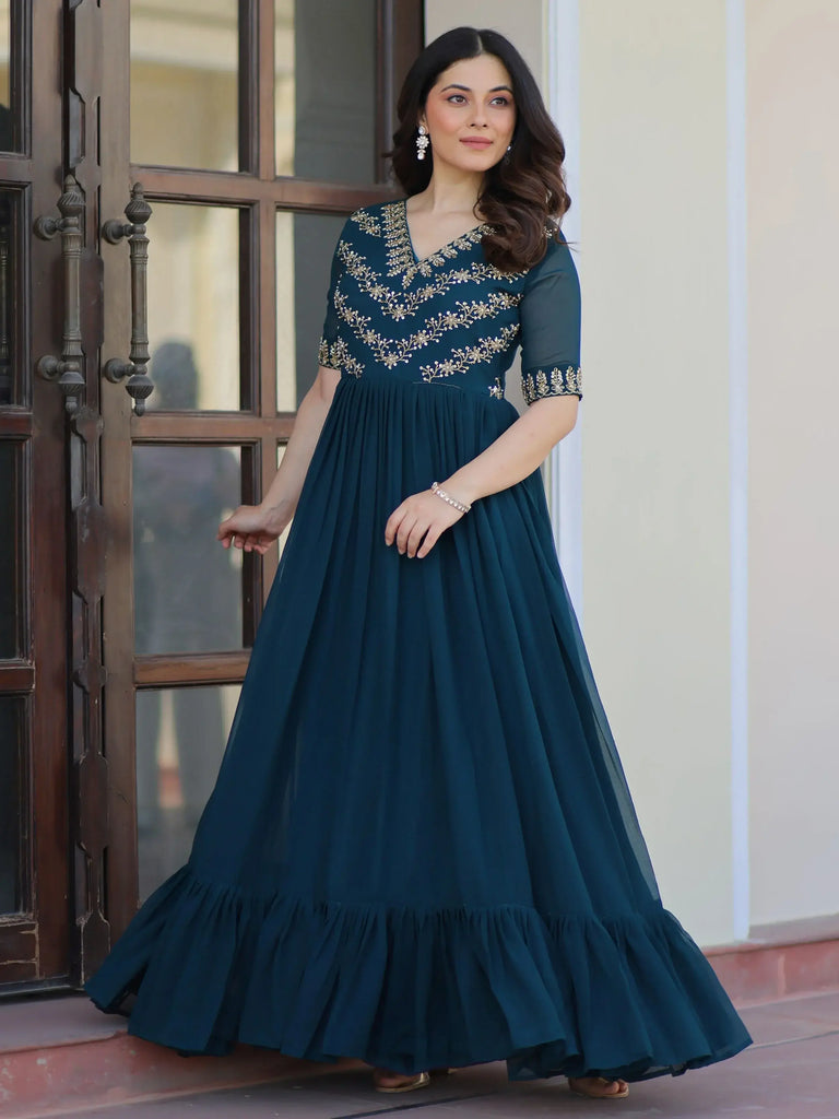 Precious Rama Blue Georgette Embroidered Traditional Gown