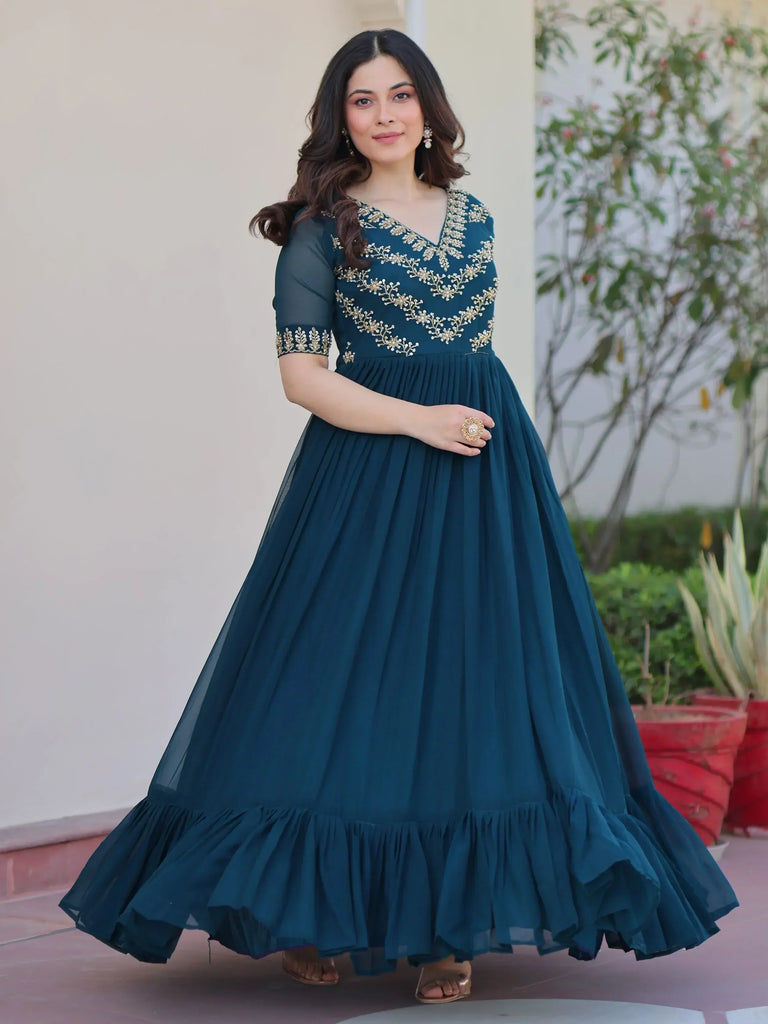 Precious Rama Blue Georgette Embroidered Traditional Gown