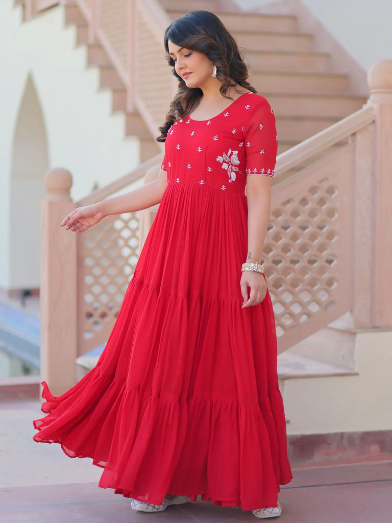 Delicate Red Georgette Embroidered Festival Wear Gown