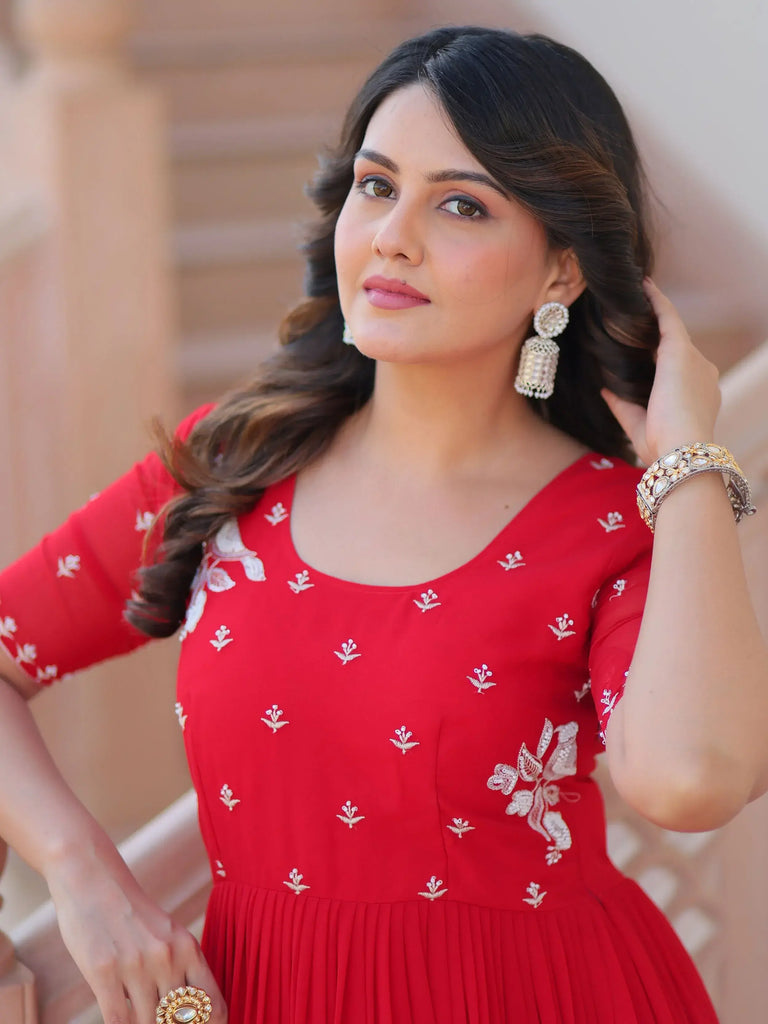 Delicate Red Georgette Embroidered Festival Wear Gown