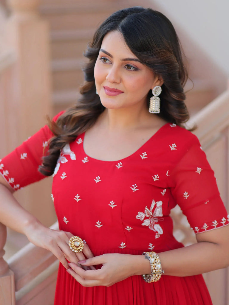 Delicate Red Georgette Embroidered Festival Wear Gown