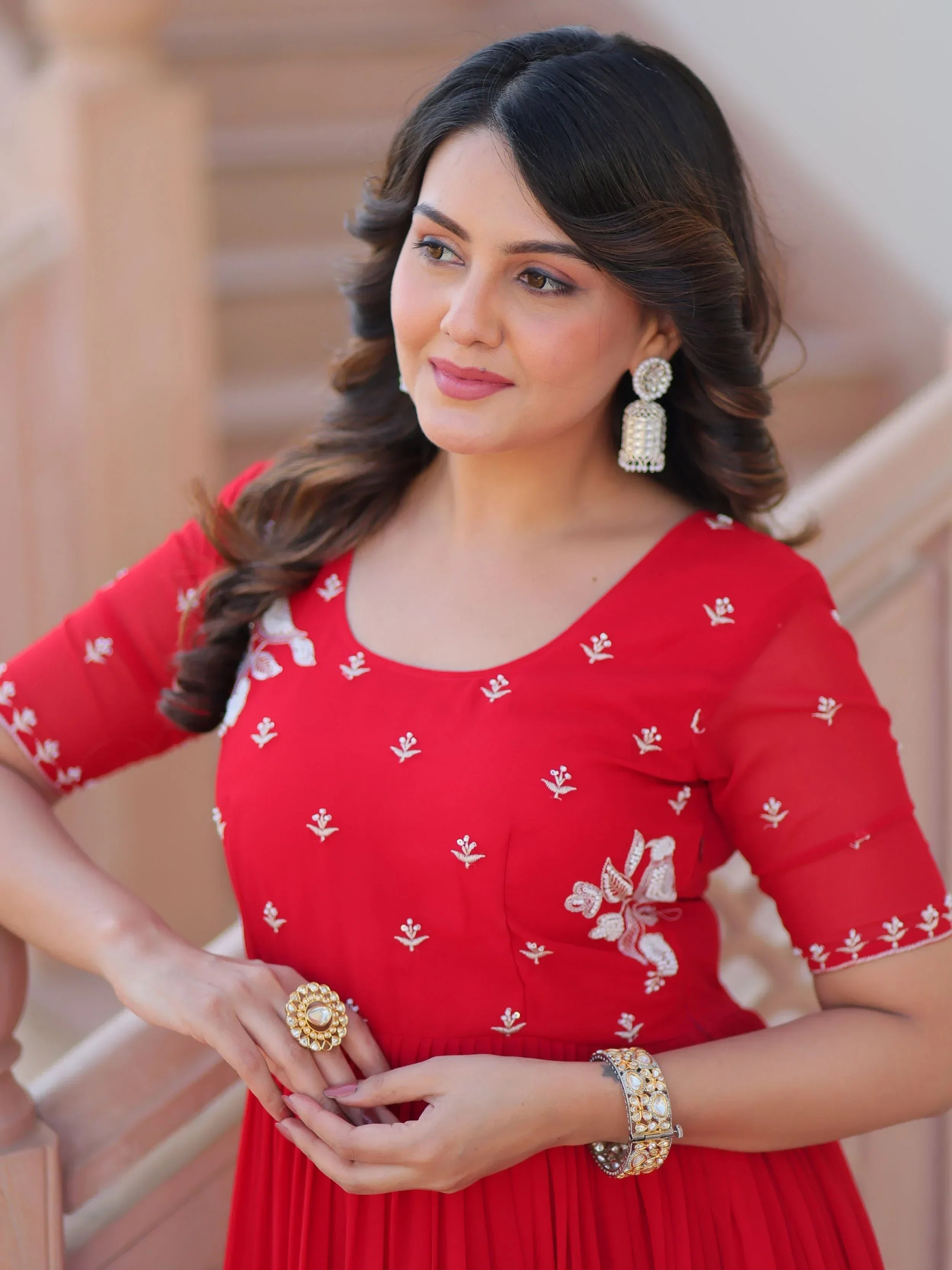 Delicate Red Georgette Embroidered Festival Wear Gown