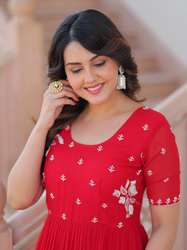 Delicate Red Georgette Embroidered Festival Wear Gown