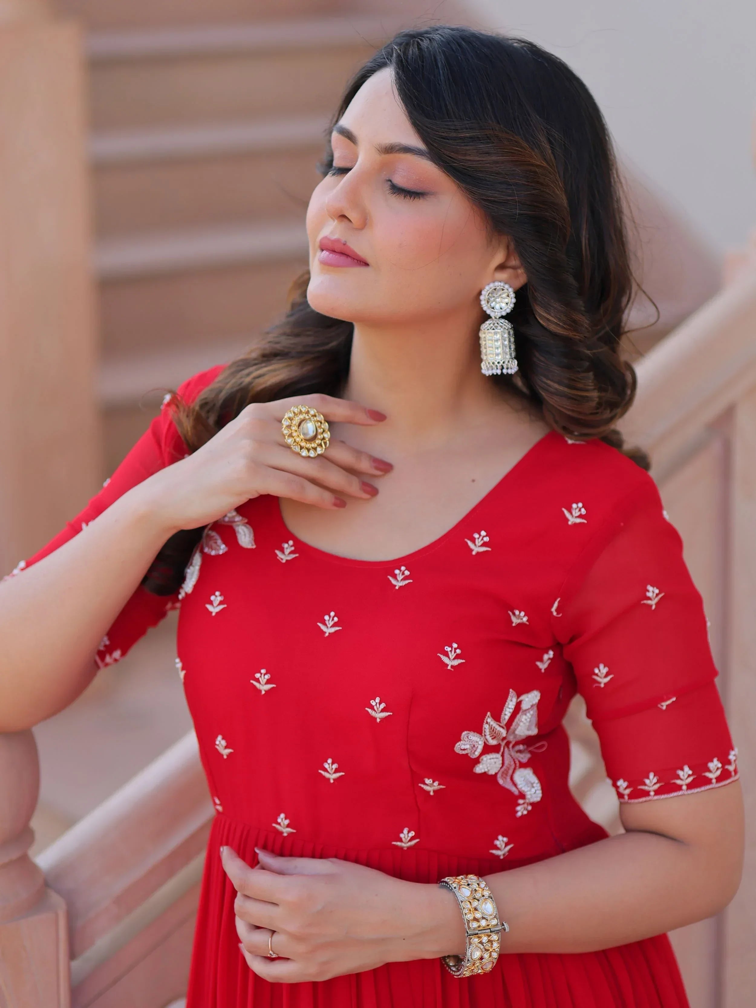 Delicate Red Georgette Embroidered Festival Wear Gown