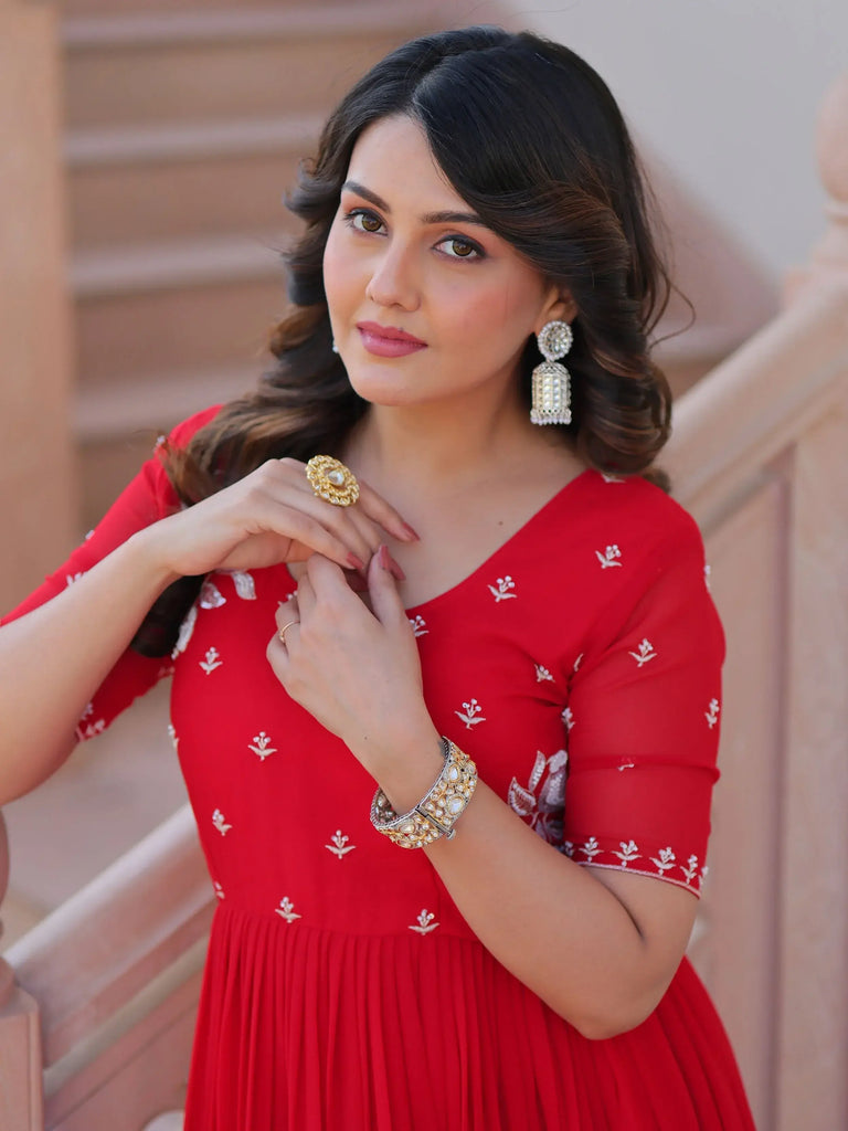 Delicate Red Georgette Embroidered Festival Wear Gown