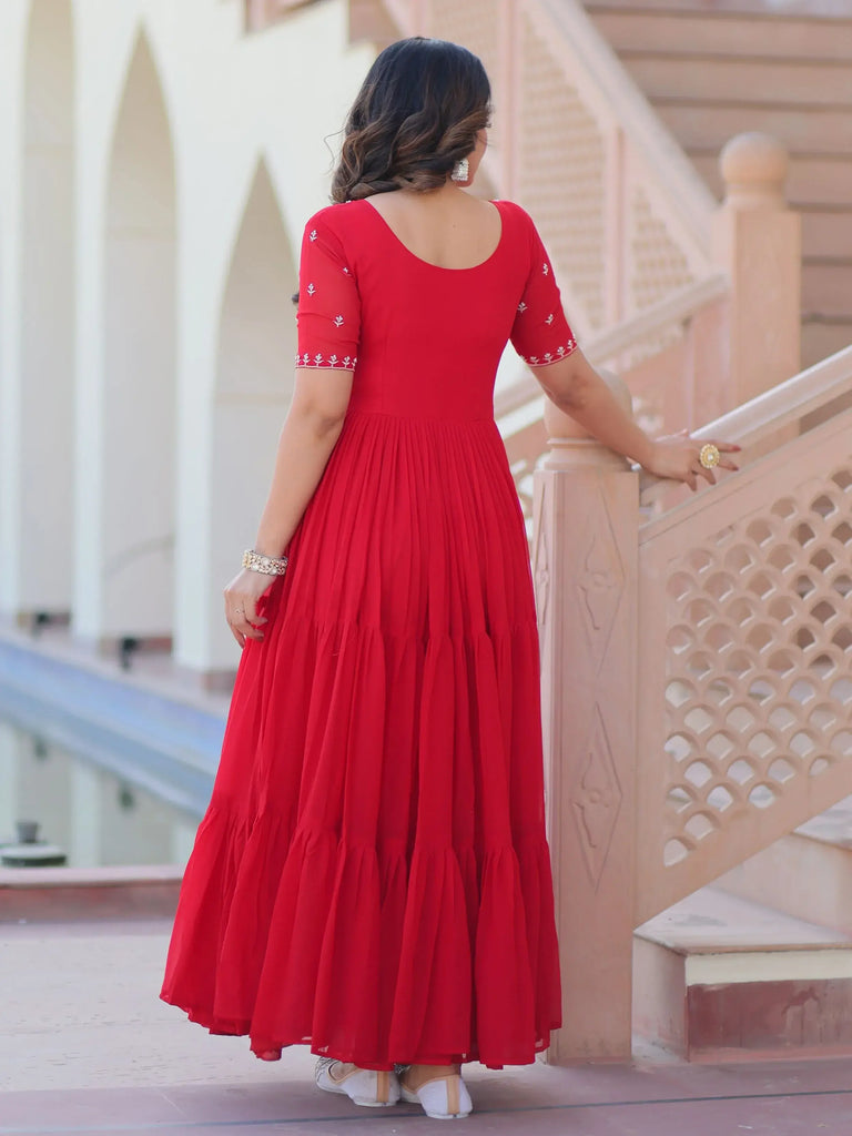 Delicate Red Georgette Embroidered Festival Wear Gown