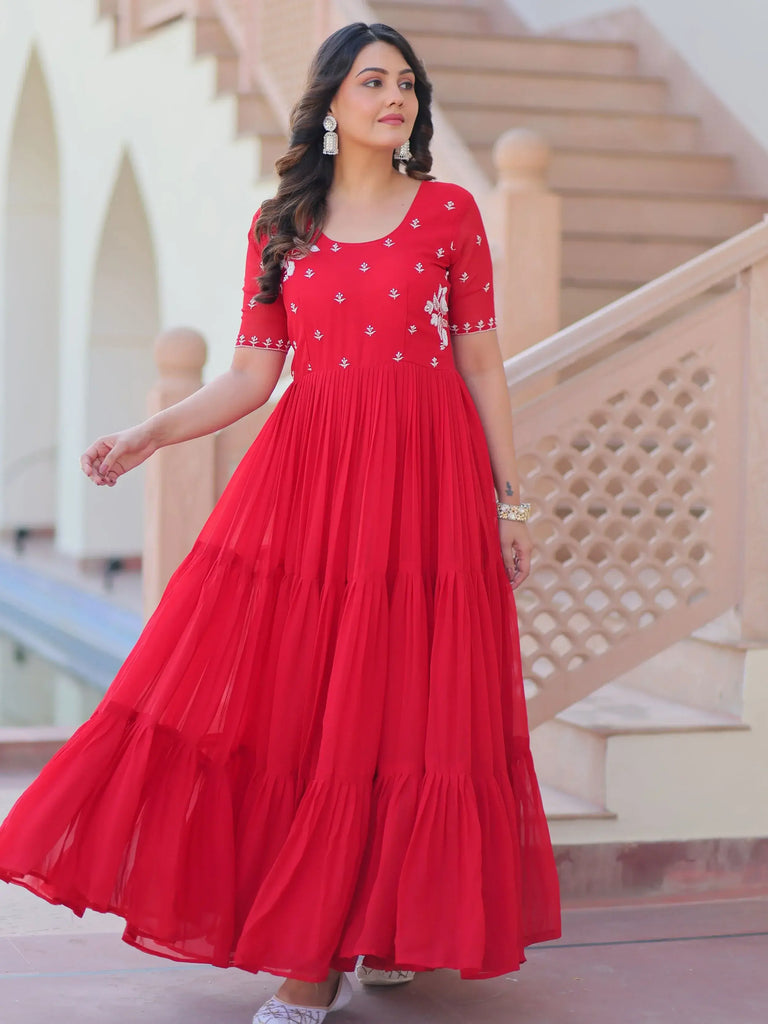 Delicate Red Georgette Embroidered Festival Wear Gown