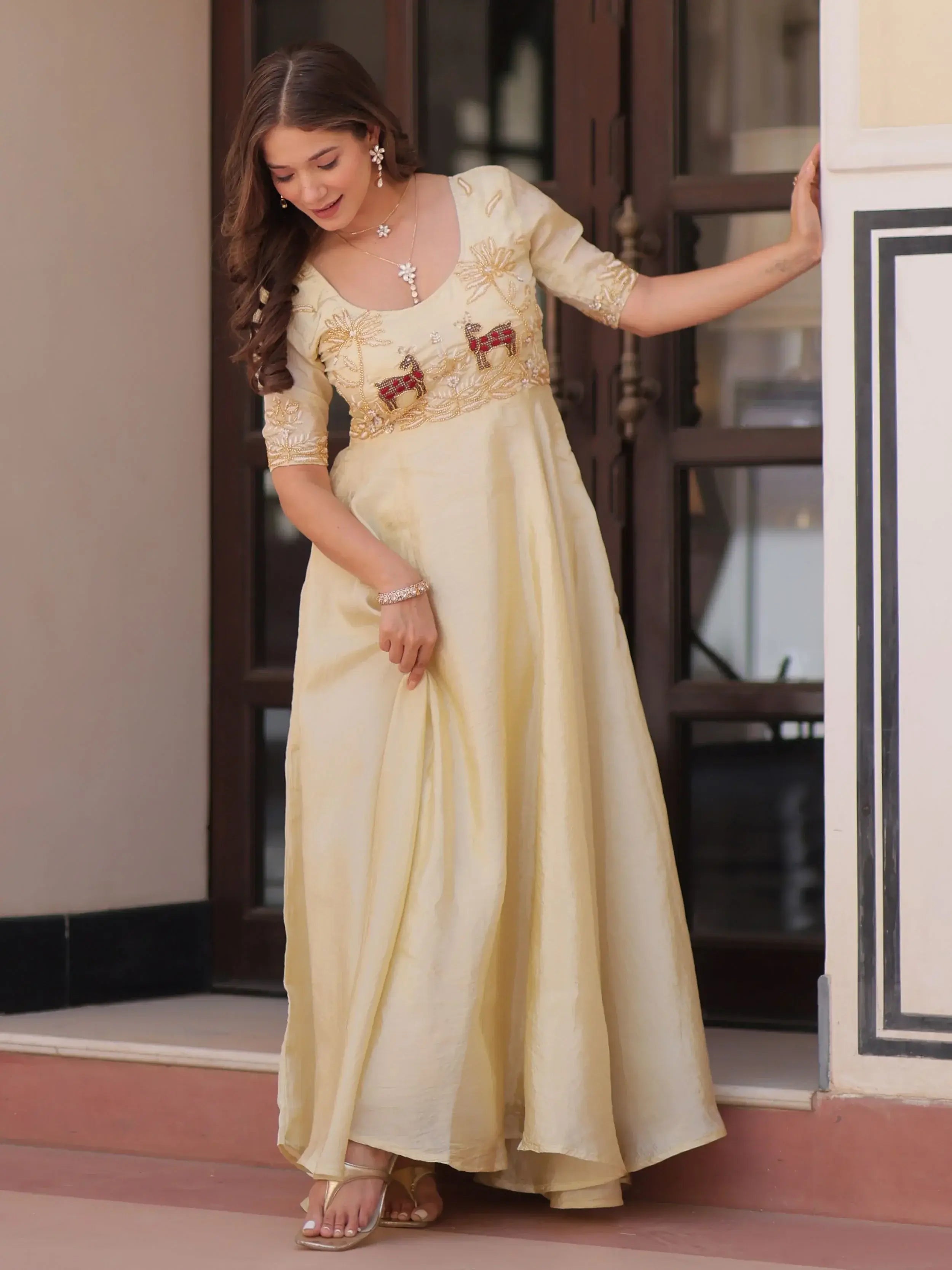 Wonderful Cream Organza Beads Work Traditional Gown