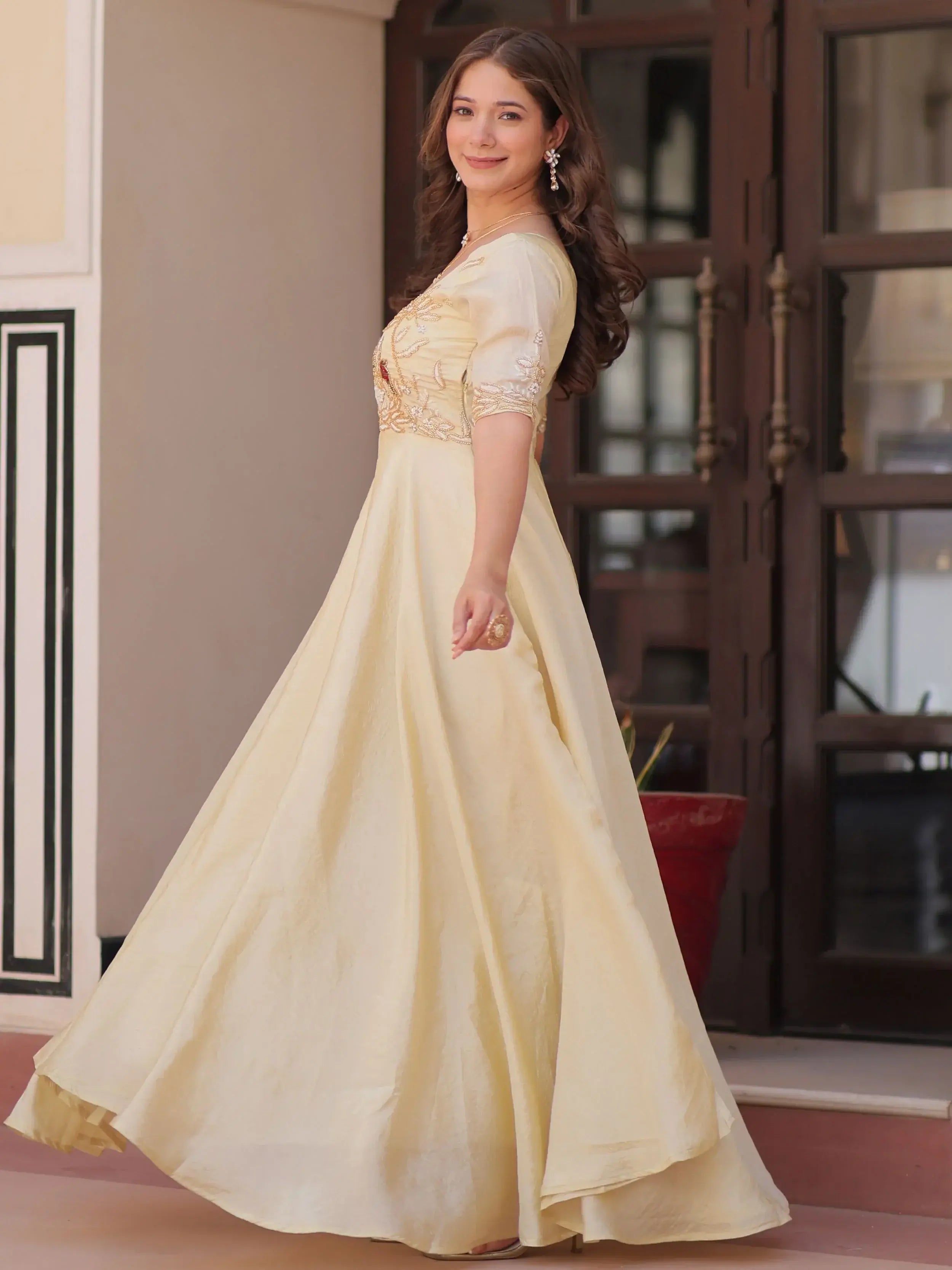 Wonderful Cream Organza Beads Work Traditional Gown