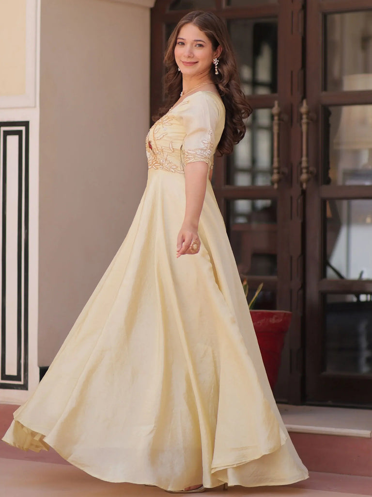 Wonderful Cream Organza Beads Work Traditional Gown