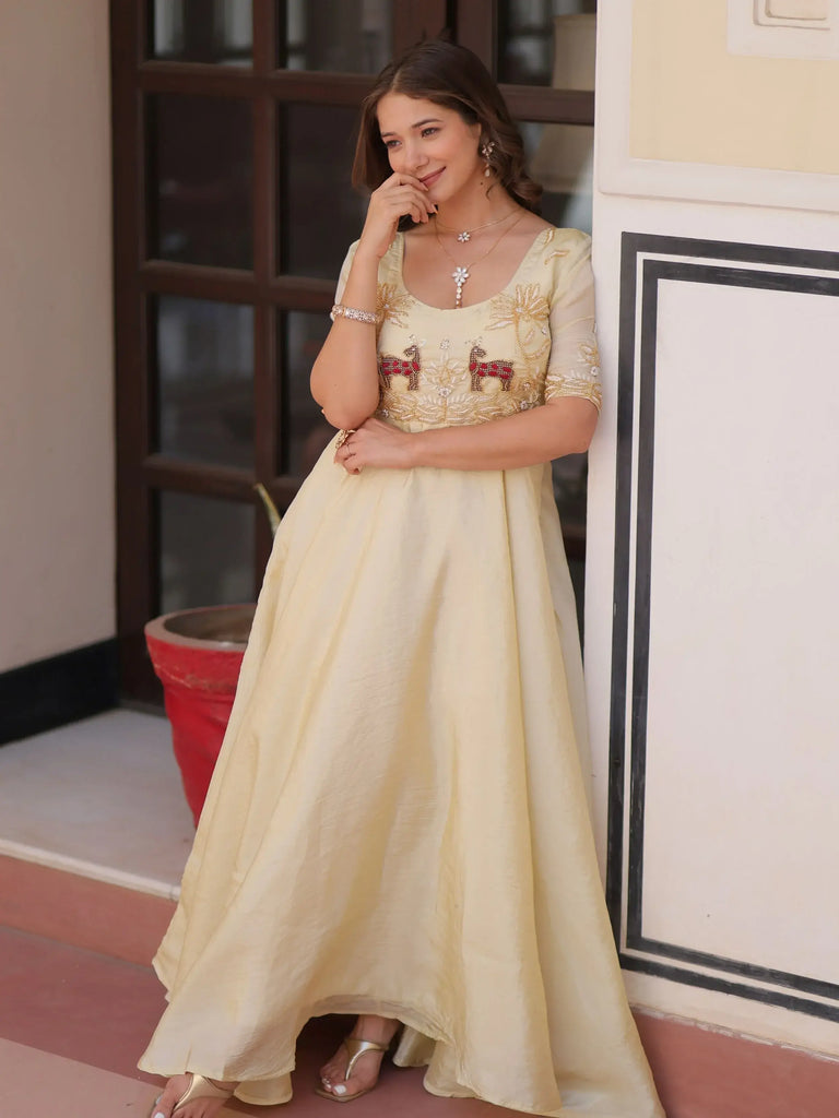 Wonderful Cream Organza Beads Work Traditional Gown