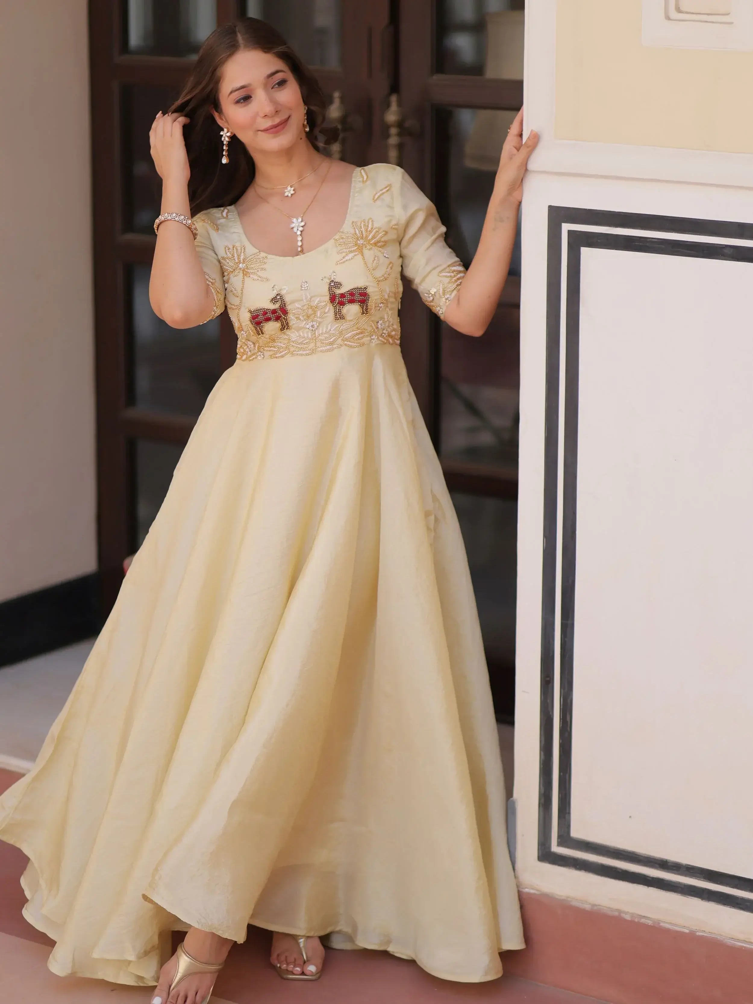 Wonderful Cream Organza Beads Work Traditional Gown