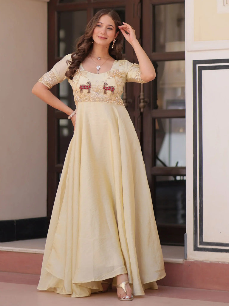 Wonderful Cream Organza Beads Work Traditional Gown