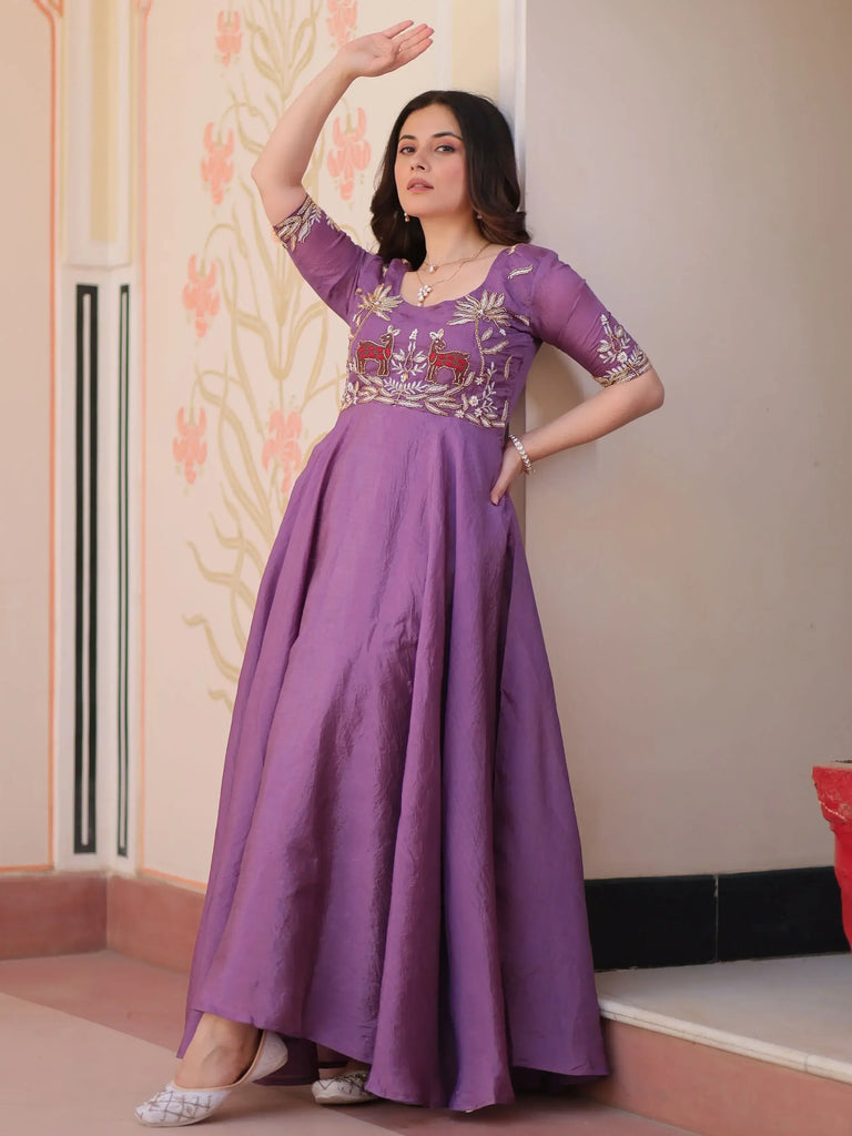 Sweet Purple Organza Beads Embroidered Festival Wear Gown