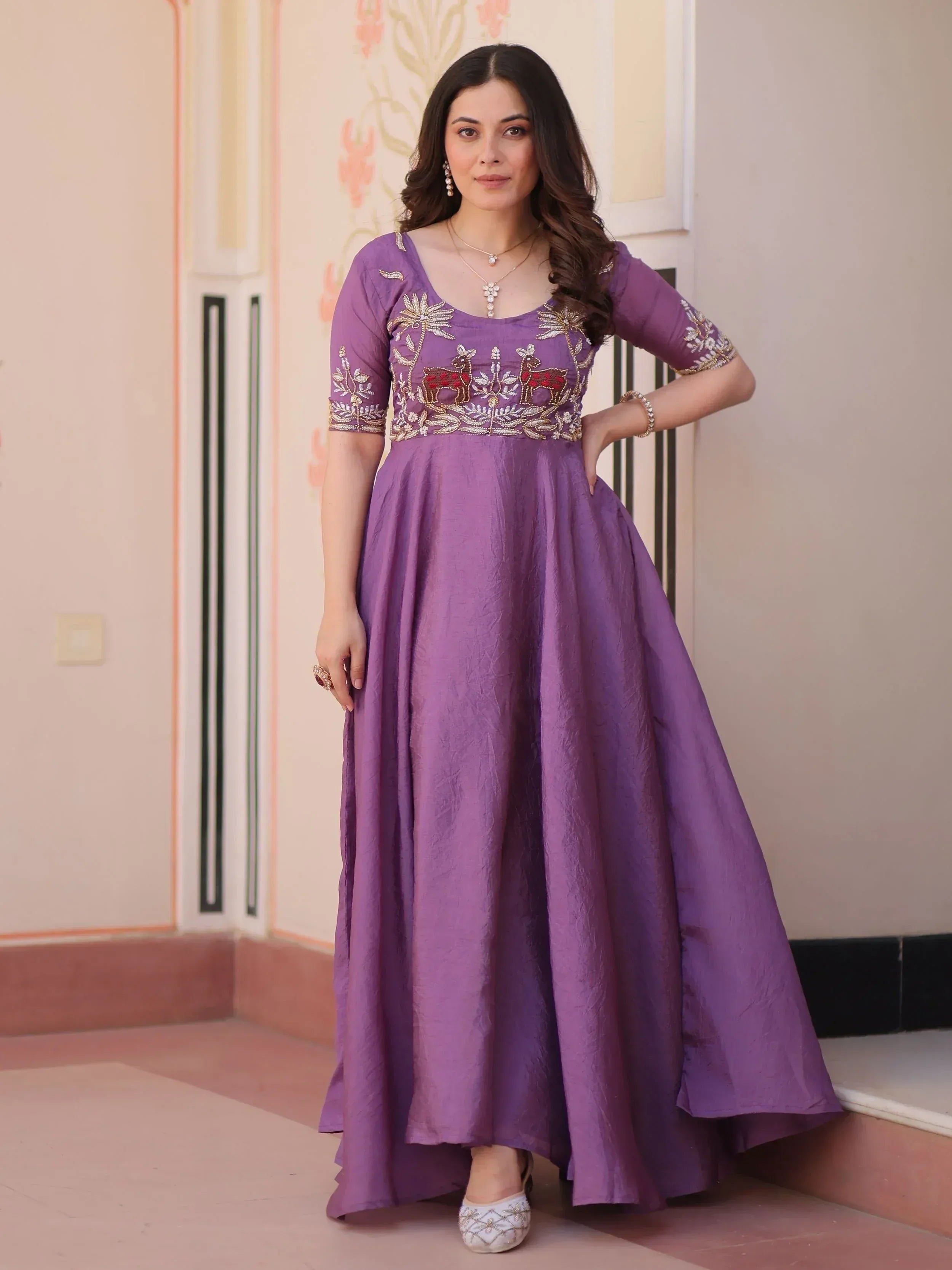 Purple ethnic gown with deer embroidery, perfect for Indian occasions and festive wear
