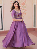 Sweet Purple Organza Beads Embroidered Festival Wear Gown