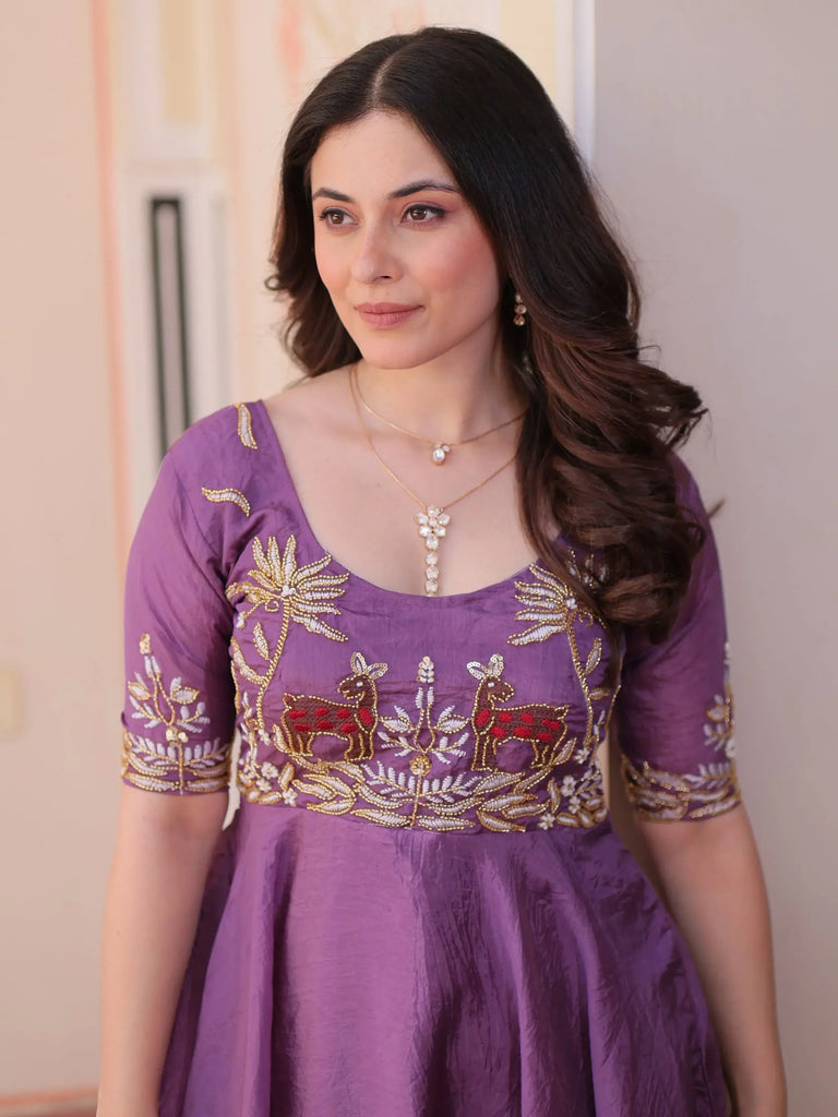 Sweet Purple Organza Beads Embroidered Festival Wear Gown