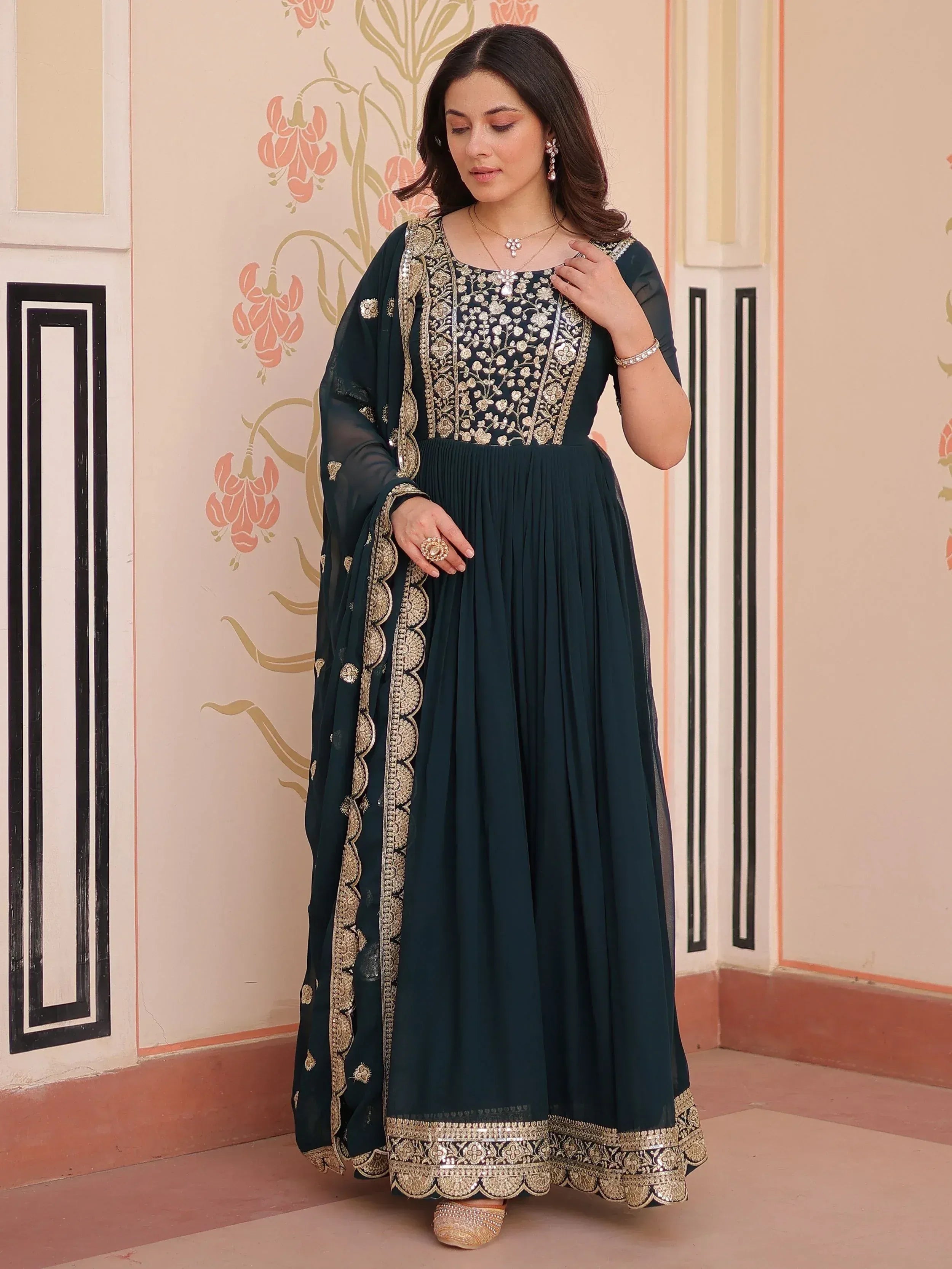 Dark green embroidered anarkali with gold detailing, perfect for Indian ethnic wear occasions