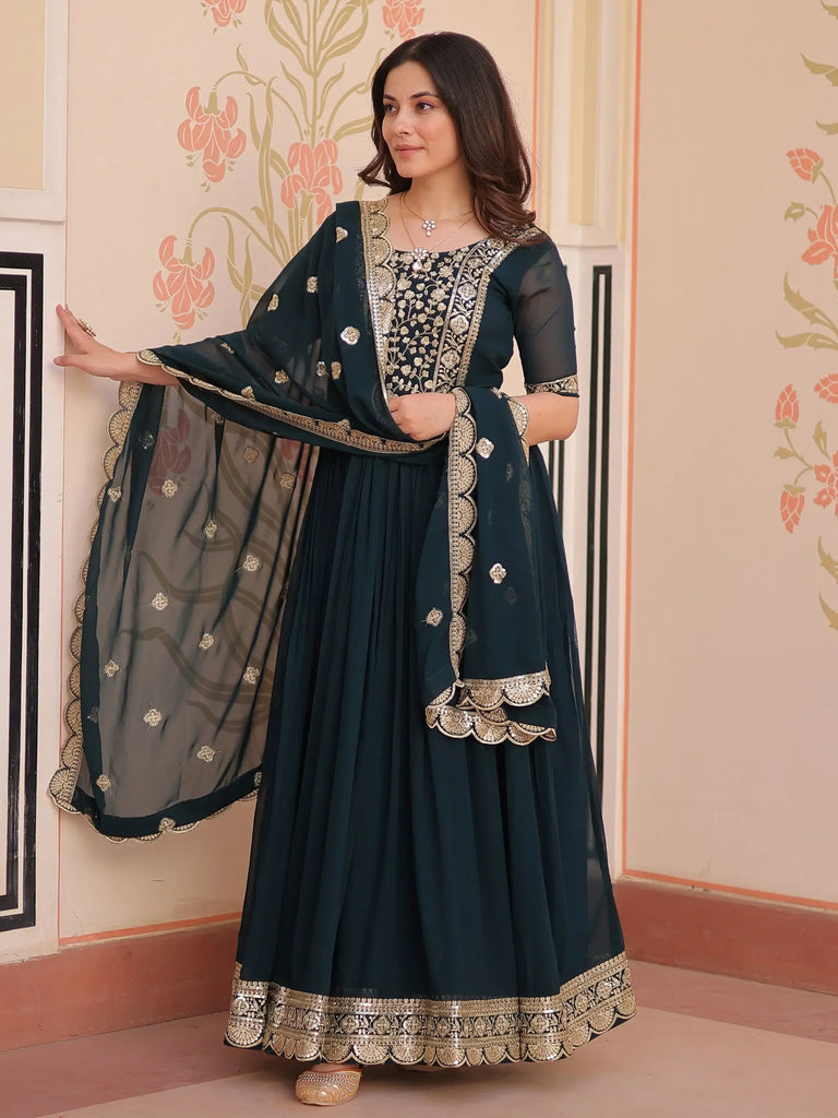 Timeless Blue Sequins Embroidered Traditional Gown With Dupatta