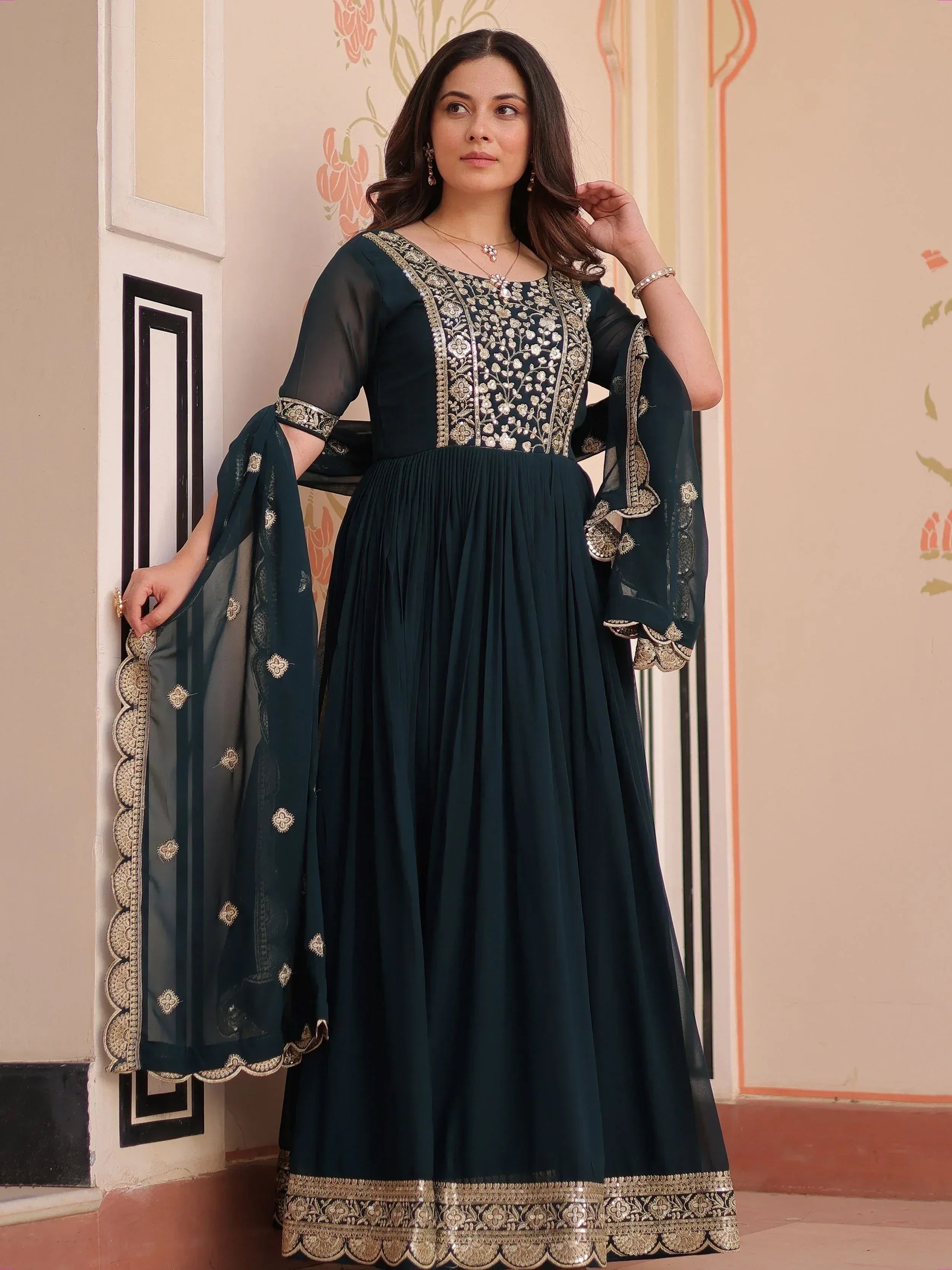 Dark green embroidered anarkali suit with gold detailing and matching dupatta, Indian ethnic wear