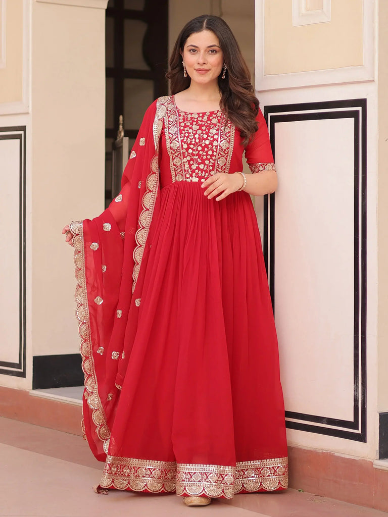 Artistic Red Georgette Zari Embroidered Reception Wear Gown