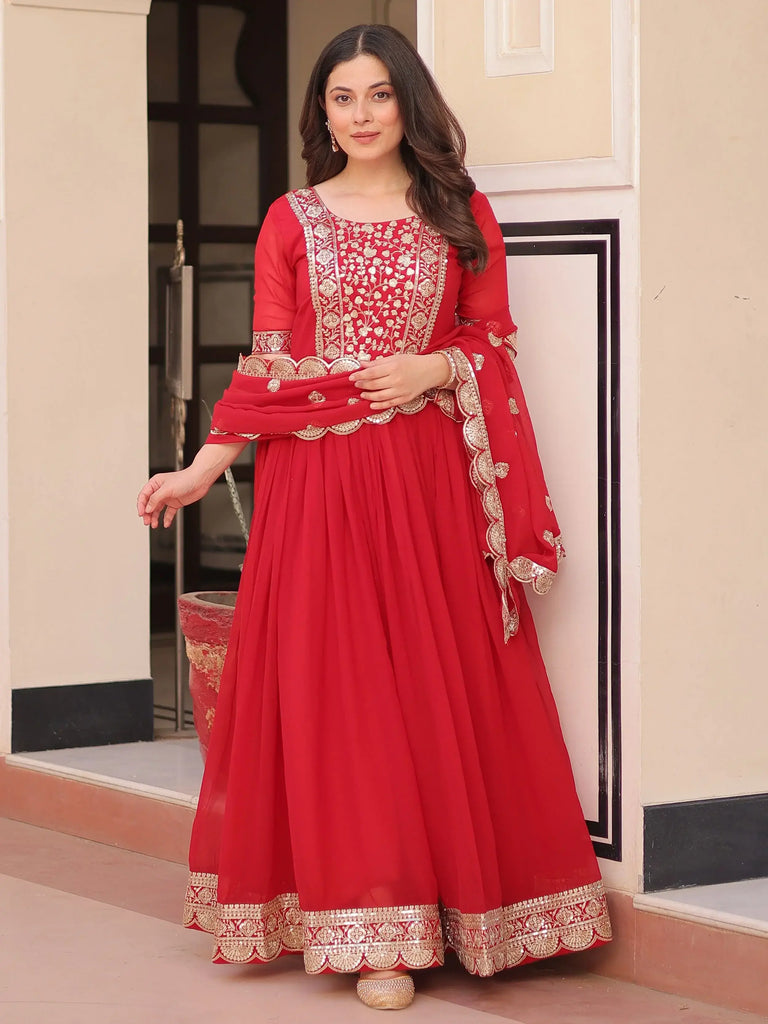 Artistic Red Georgette Zari Embroidered Reception Wear Gown