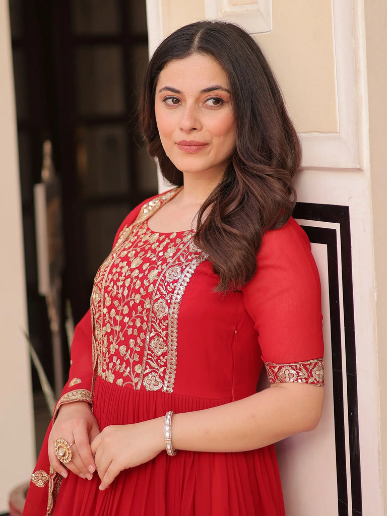 Artistic Red Georgette Zari Embroidered Reception Wear Gown