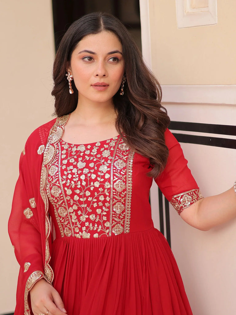 Artistic Red Georgette Zari Embroidered Reception Wear Gown