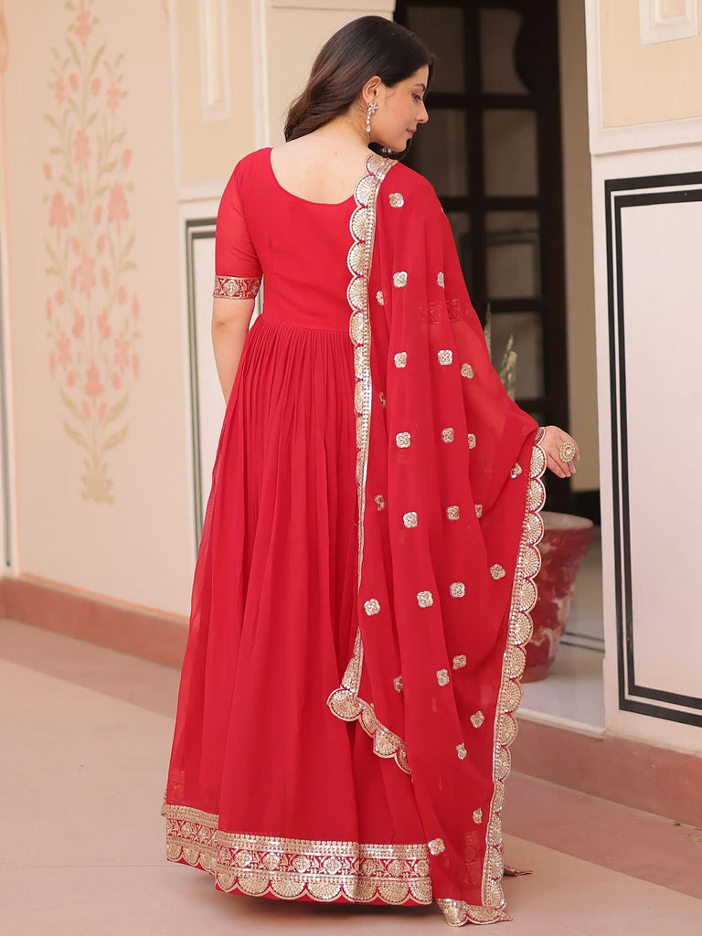 Artistic Red Georgette Zari Embroidered Reception Wear Gown