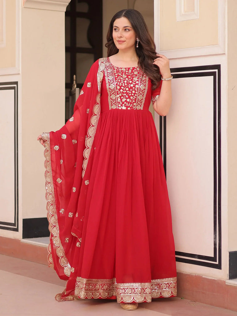 Artistic Red Georgette Zari Embroidered Reception Wear Gown