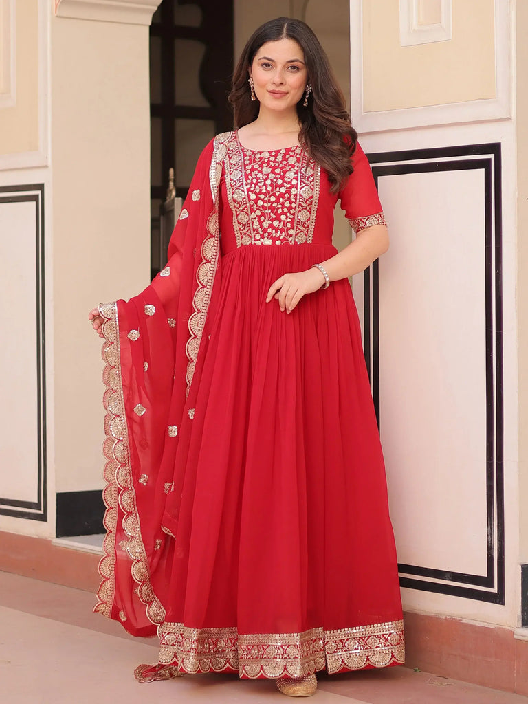 Artistic Red Georgette Zari Embroidered Reception Wear Gown