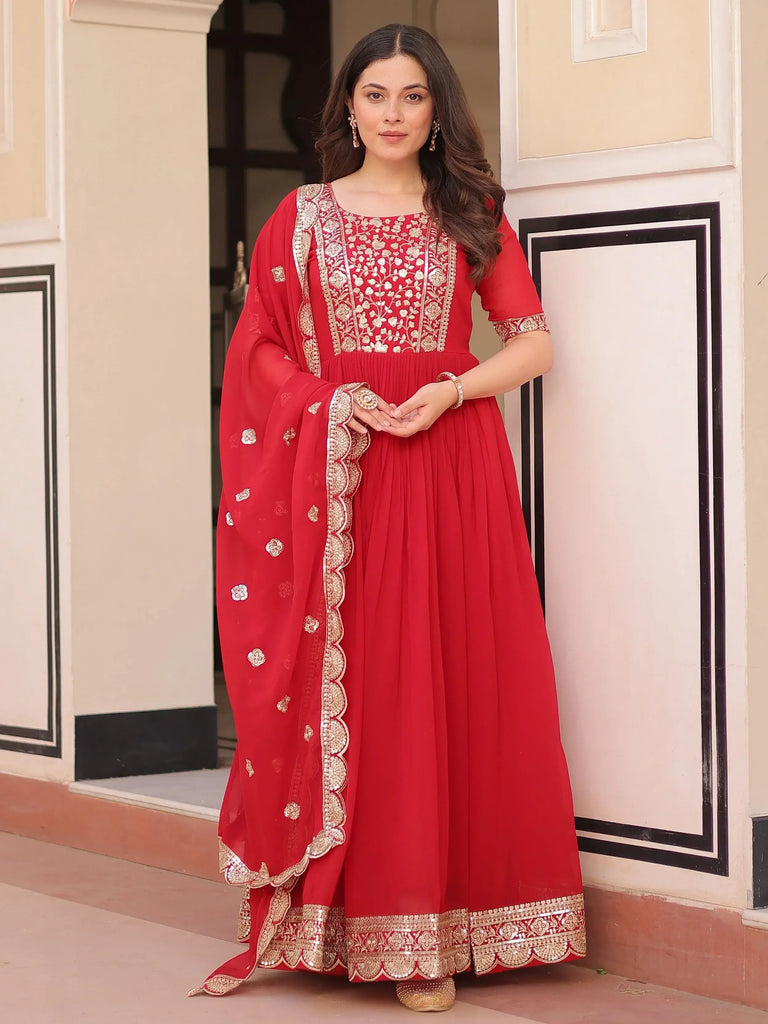 Artistic Red Georgette Zari Embroidered Reception Wear Gown