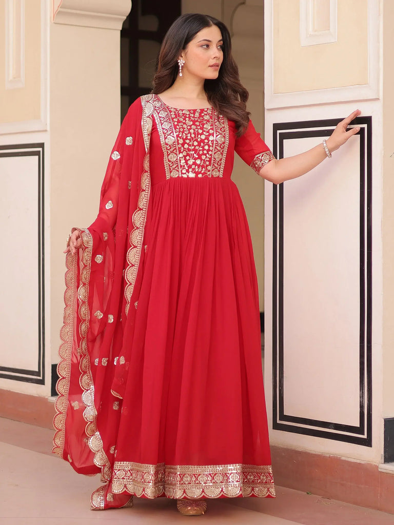 Artistic Red Georgette Zari Embroidered Reception Wear Gown