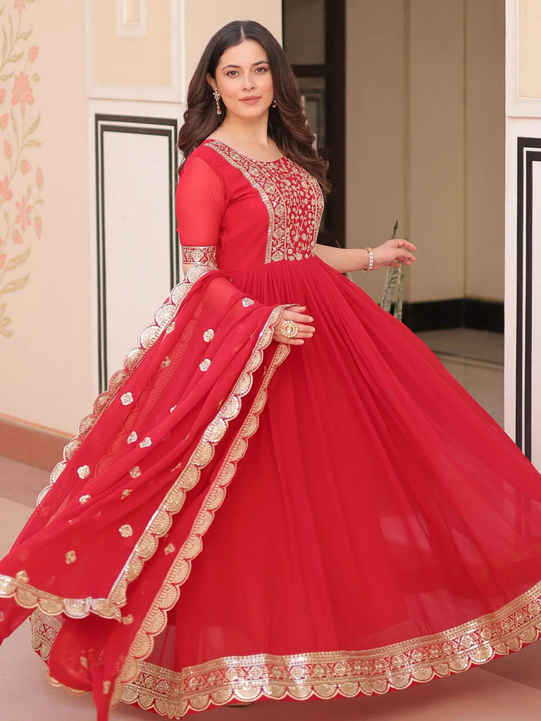Artistic Red Georgette Zari Embroidered Reception Wear Gown
