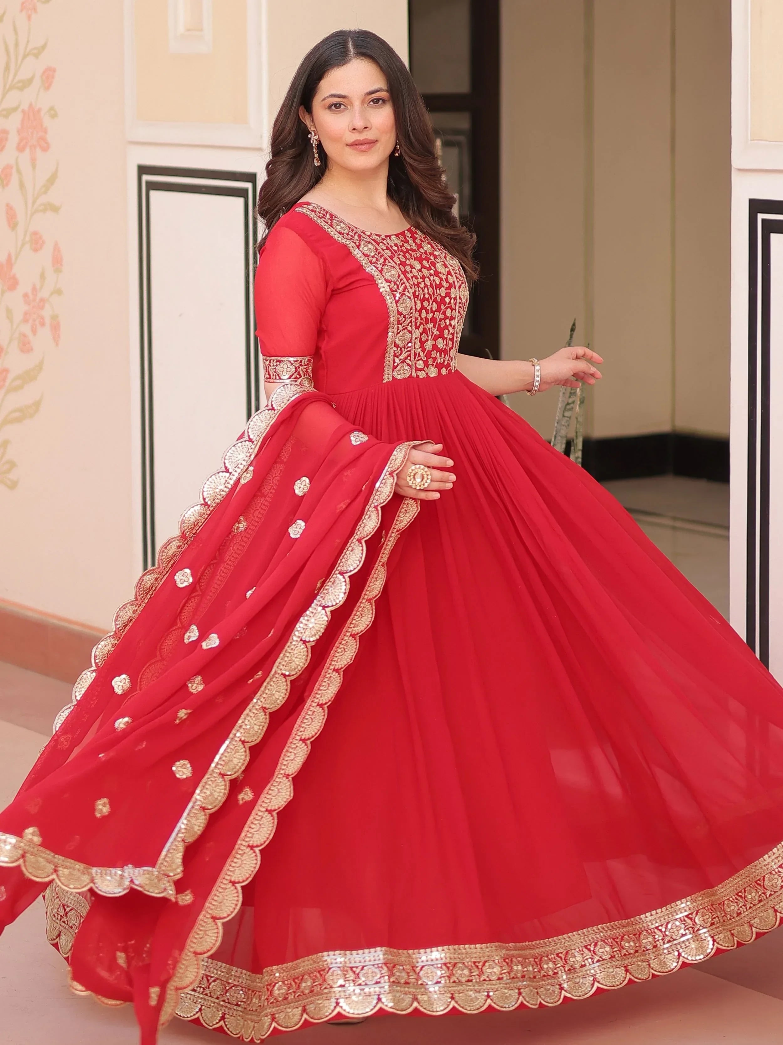 Artistic Red Georgette Zari Embroidered Reception Wear Gown