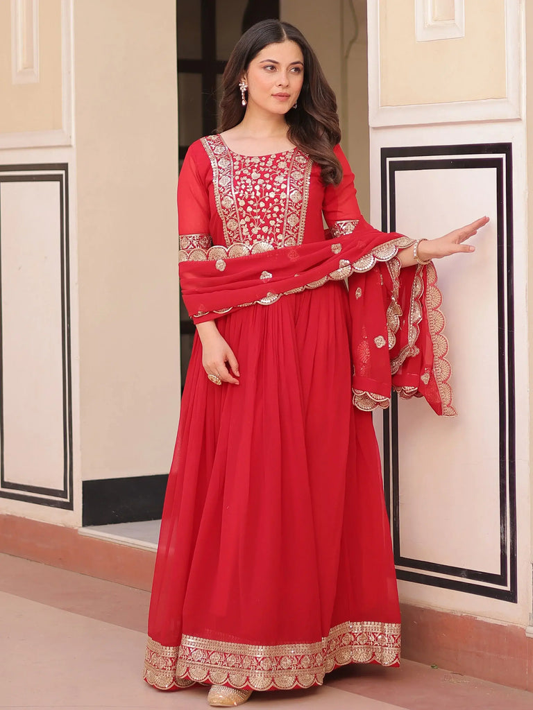 Artistic Red Georgette Zari Embroidered Reception Wear Gown