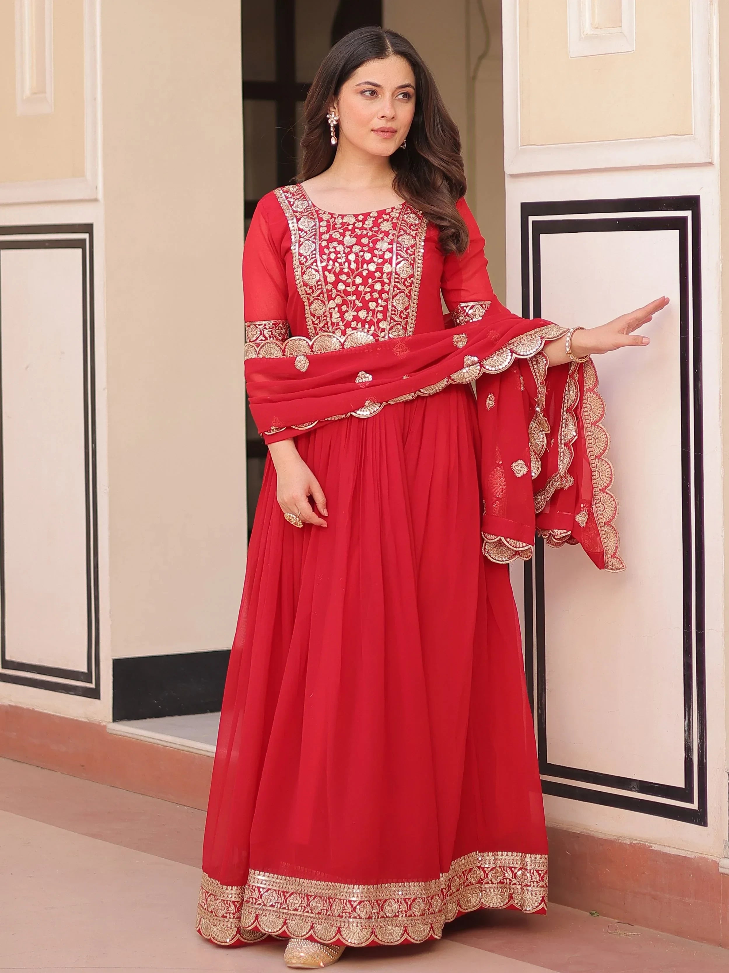 Artistic Red Georgette Zari Embroidered Reception Wear Gown