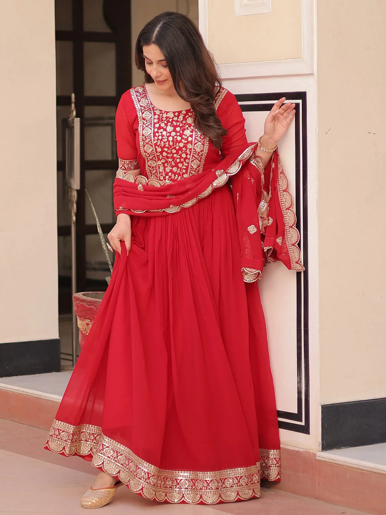 Artistic Red Georgette Zari Embroidered Reception Wear Gown