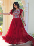 Mesmerizing Red Georgette Beads Embroidered Traditional Gown