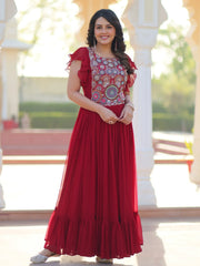 Mesmerizing Red Georgette Beads Embroidered Traditional Gown