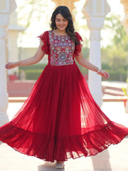 Mesmerizing Red Georgette Beads Embroidered Traditional Gown