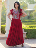 Mesmerizing Red Georgette Beads Embroidered Traditional Gown